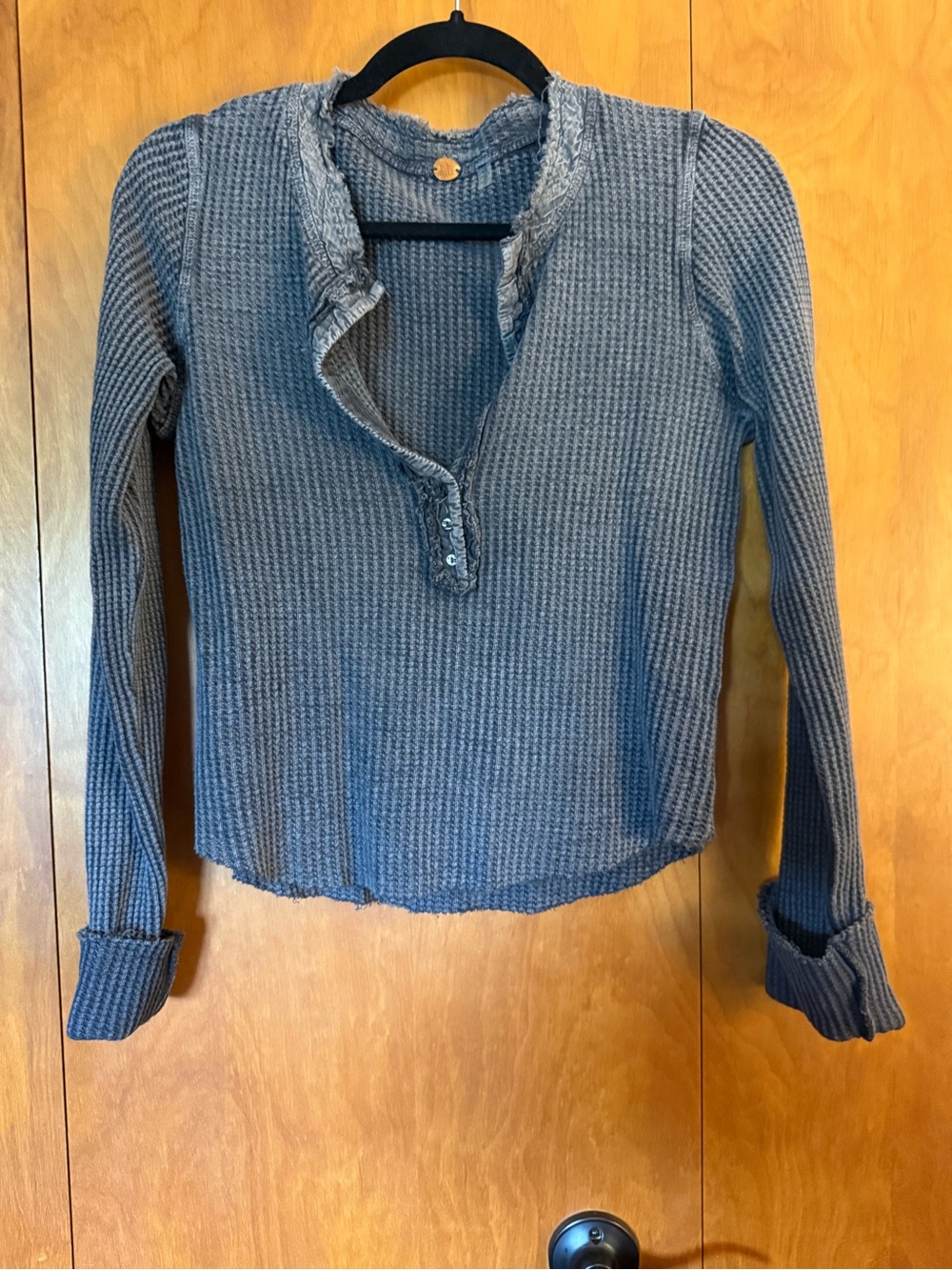 Free People Slate Blue Waffle-Knit Long Sleeve Henley